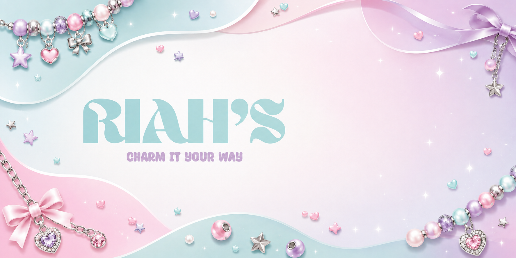 Pastel Riah's Charms banner with beads, bows, hearts and stars